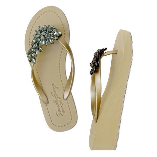 SAND BY SAYA N.Y. - Manhattan Black - Rhinestone Mid Wedge Flip Flops - 2 COLORS -