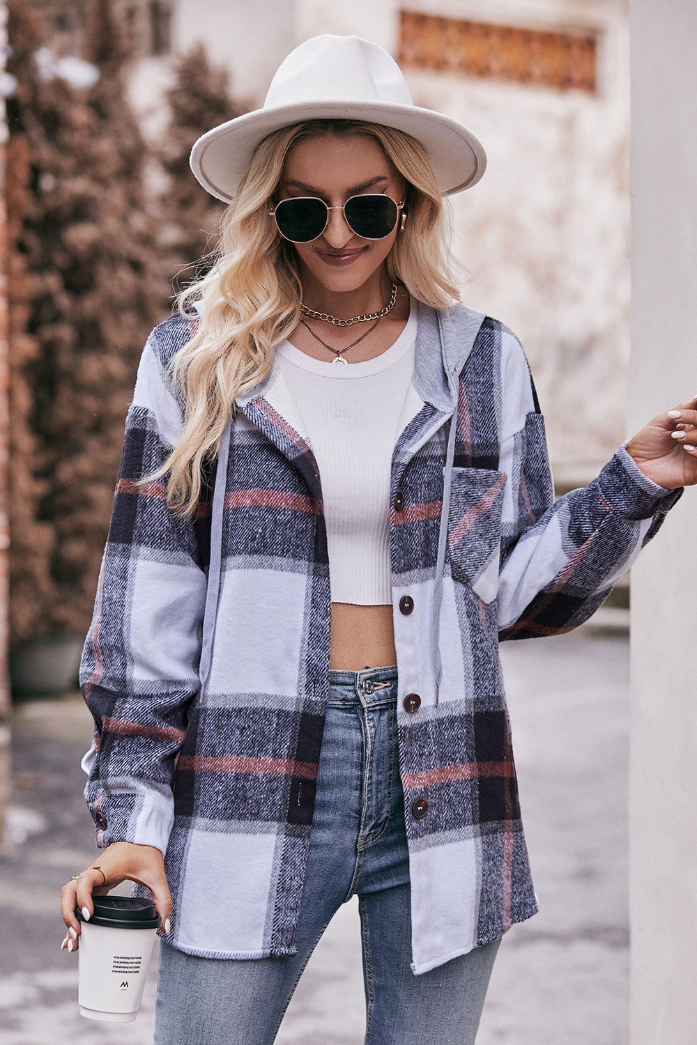 Plaid Dropped Shoulder Hooded Jacket - T - 5 COLORS -