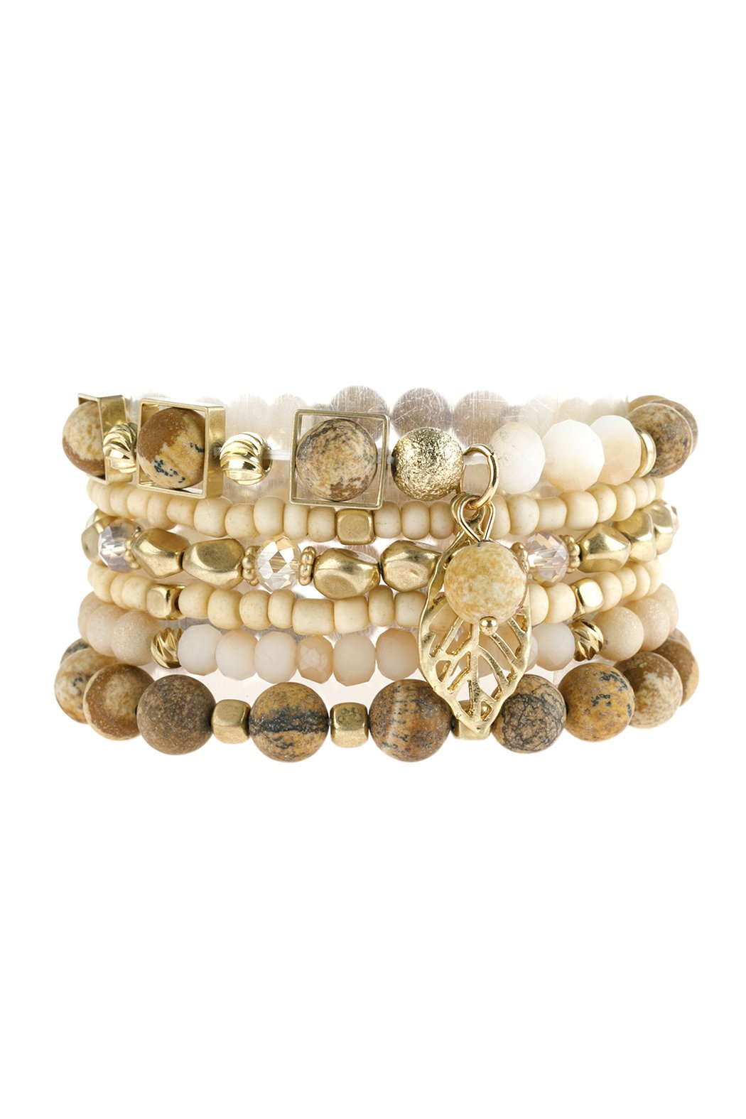 Natural Stone Mixed Beads Leaf Charm Bracelet - 5 COLORS