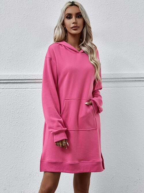 Slit Long Sleeve Hooded Dress with Pocket - T - 9 COLORS -