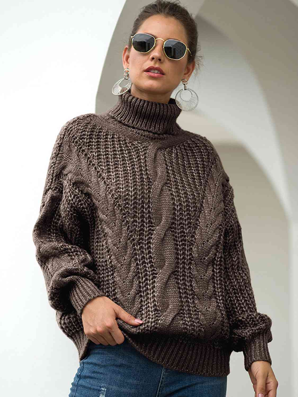 Turtleneck Cable-Knit Dropped Shoulder Sweater - T - 5 COLORS -