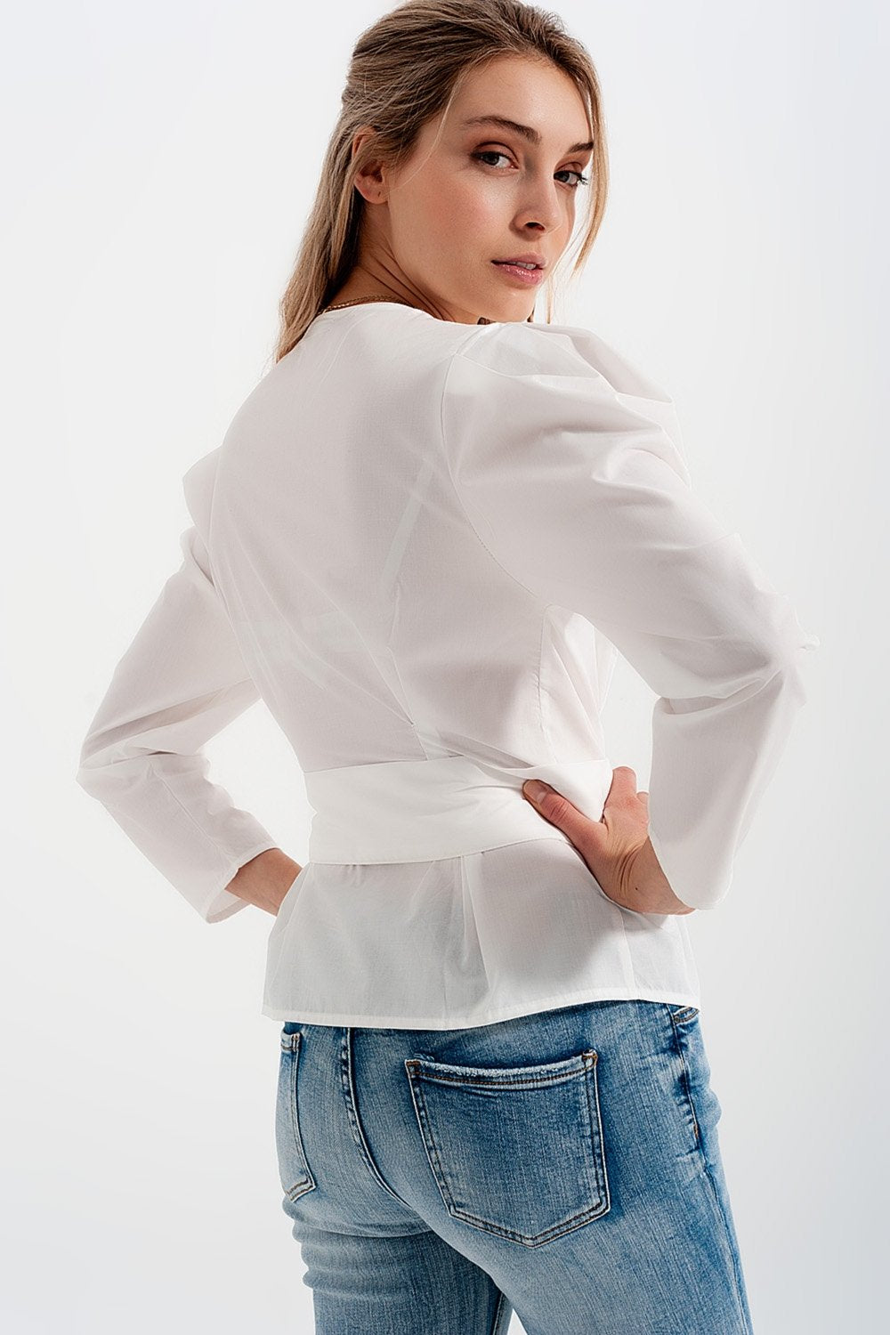 Q2 - Puff Sleeve Wrap Front Top With Belt Detail in White - 1 COLOR -