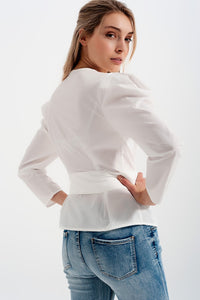 Thumbnail for Q2 - Puff Sleeve Wrap Front Top With Belt Detail in White - 1 COLOR -