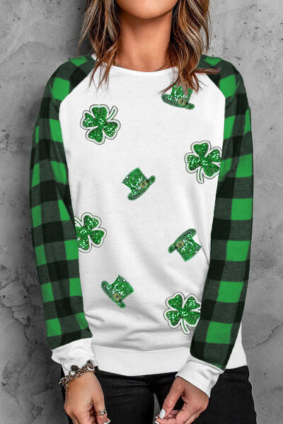 Lucky Clover Sequin Round Neck Sweatshirt - T - 1 COLOR -