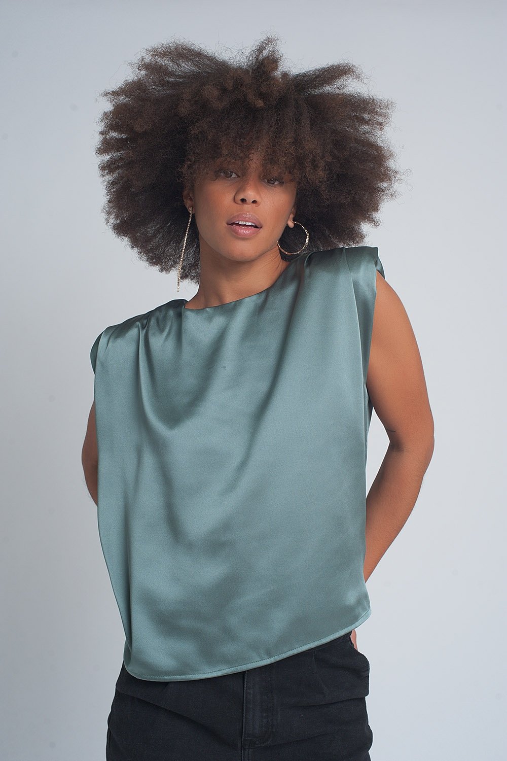 Q2 - Gathered Satin Shoulder Pad Sleeveless Top in Green - 1 COLOR