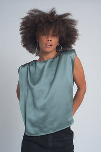 Thumbnail for Q2 - Gathered Satin Shoulder Pad Sleeveless Top in Green - 1 COLOR