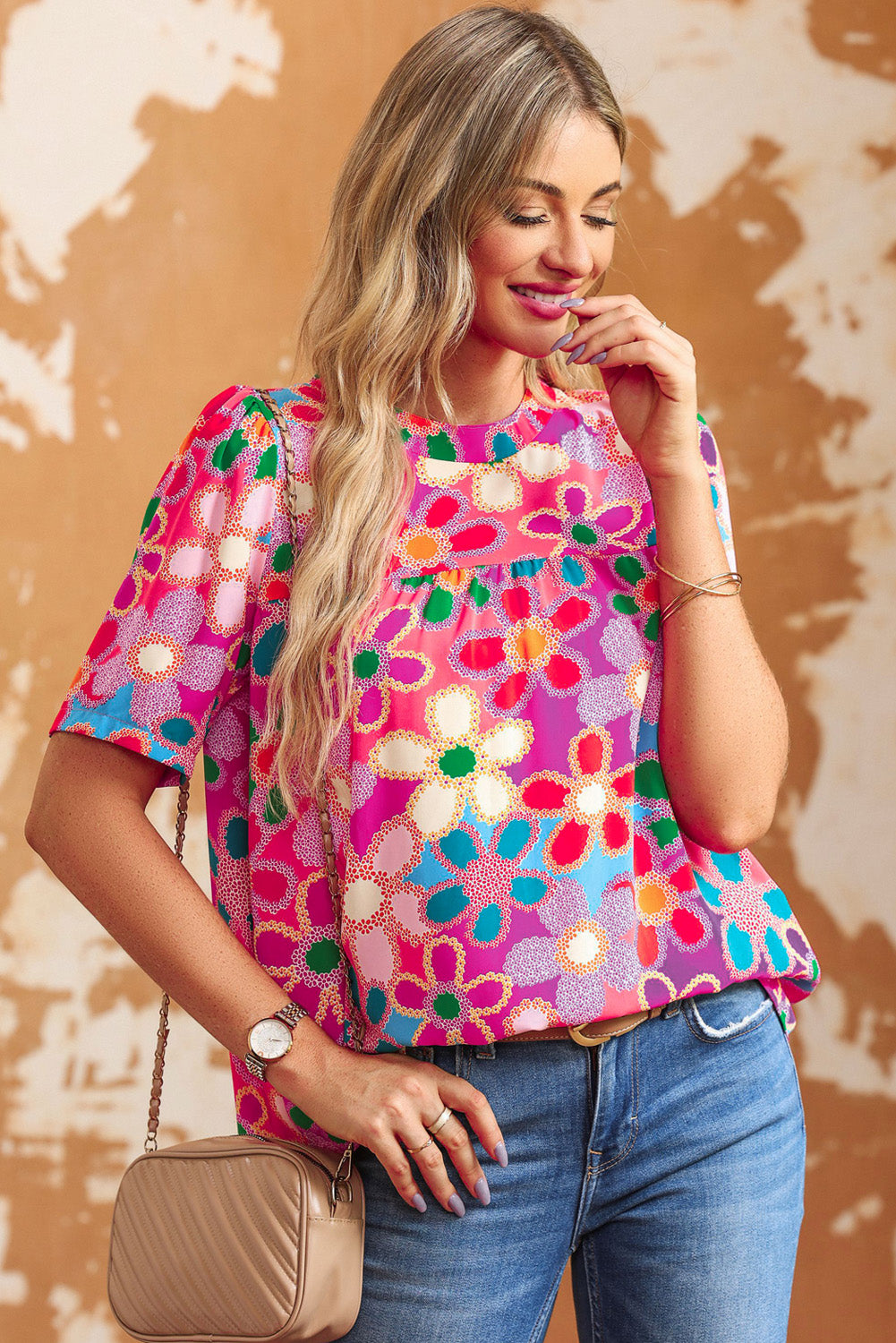 Tied Printed Round Neck Half Sleeve Blouse - T - 1 COLOR -