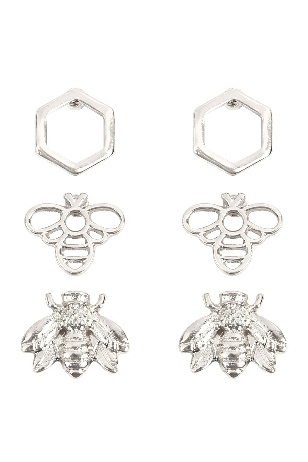 Riah Fashion - Bee 3 Set Metal Earrings - 2 FINISHES -