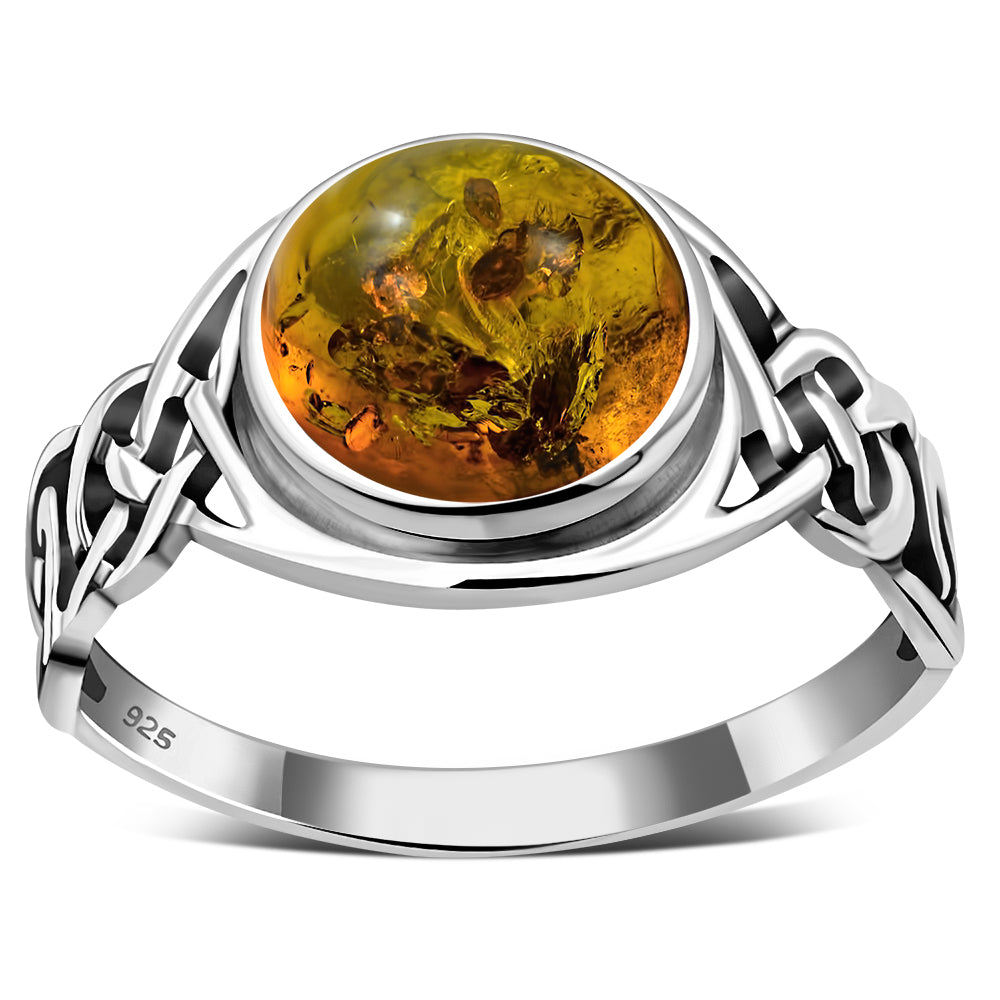 Creidne - Baltic Amber Celtic Sterling Silver Ring - 7 SIZES -