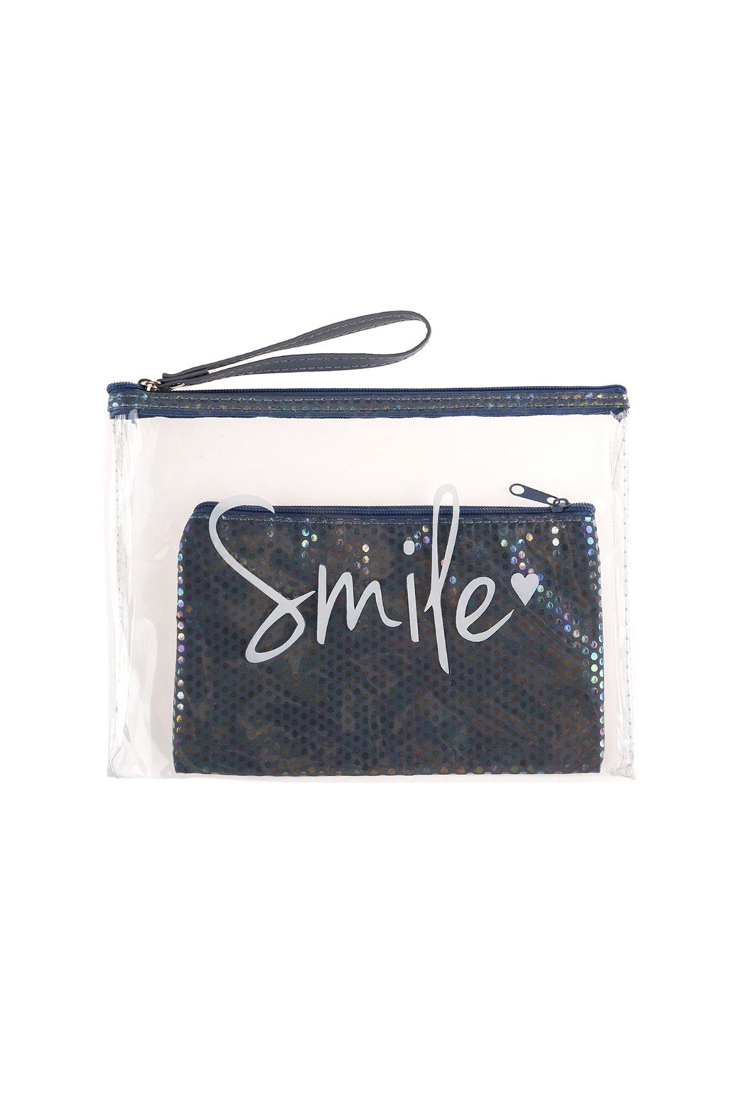 Riah Fashion - Clear Smile Cosmetic Bag With Sparkly Pouch - 5 CLEAR COLORS -