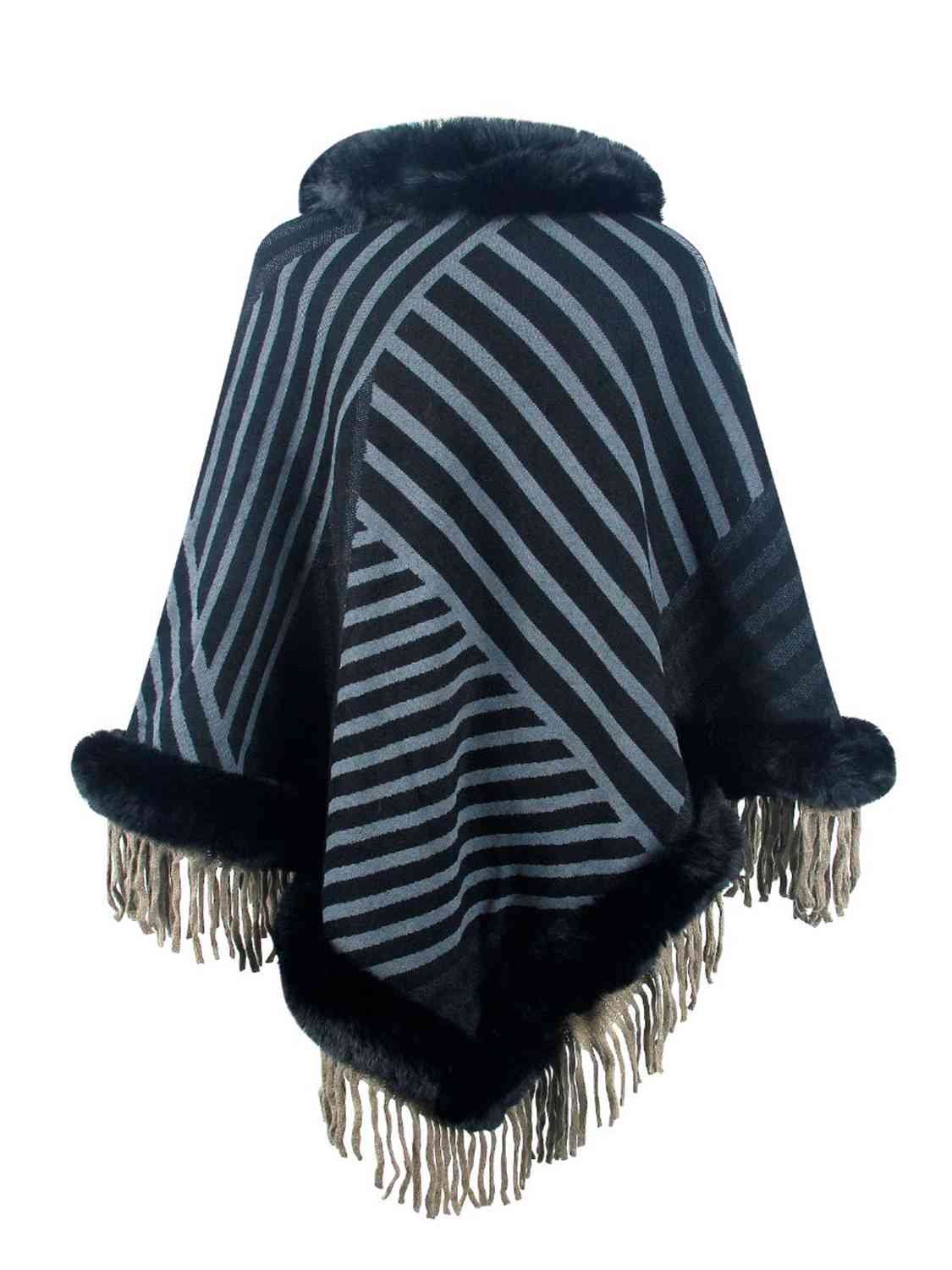 Striped Fringe Hem Poncho - T - 5 COLORS -