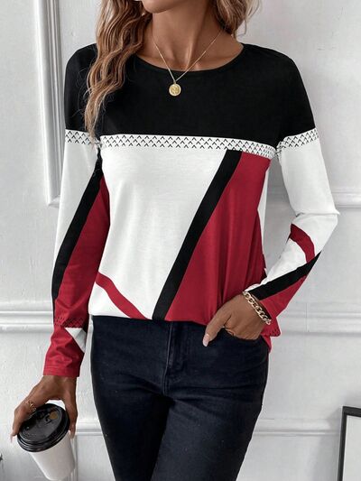 Contrast Round Neck Long Sleeve T-Shirt - T - 4 COLORS -