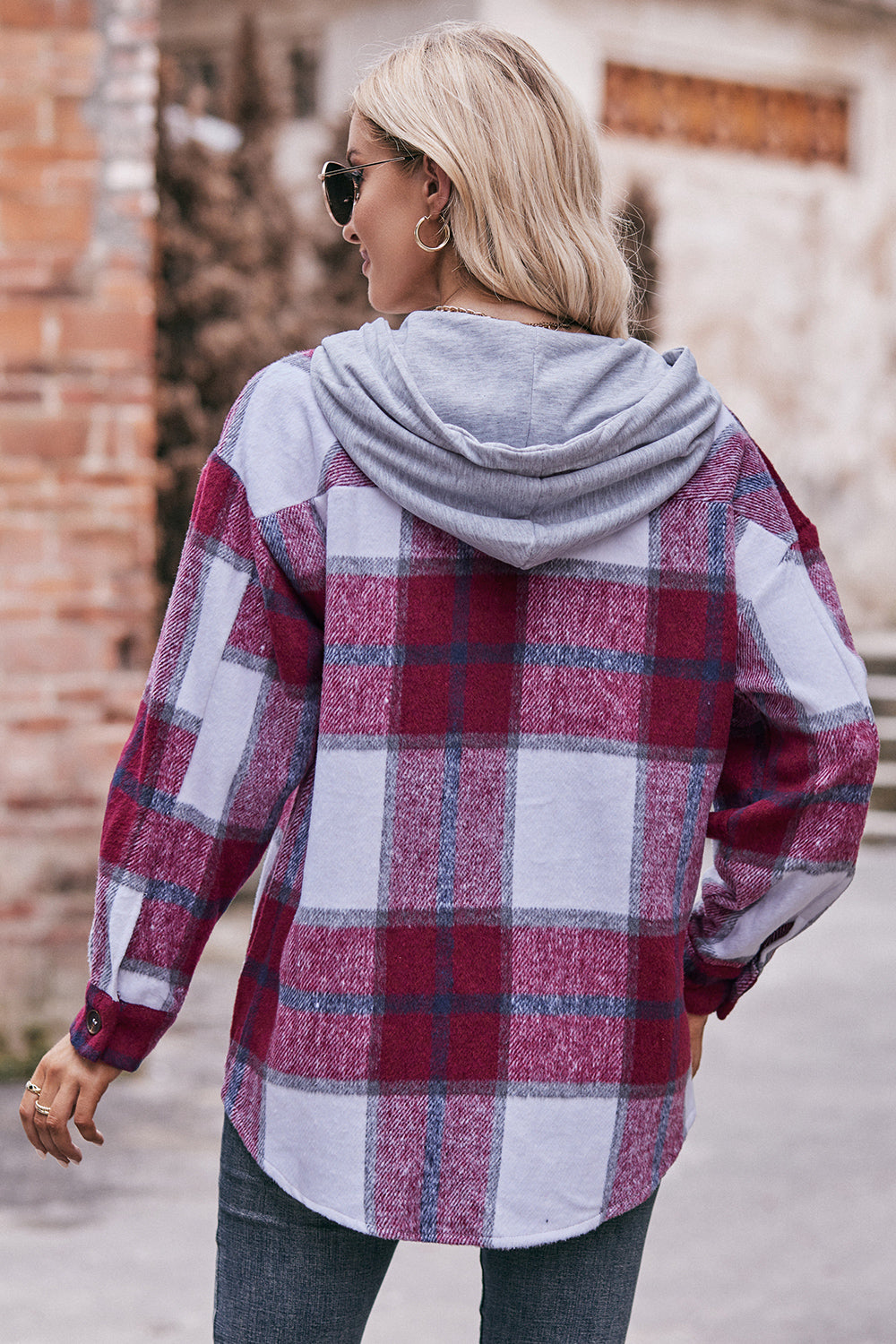 Plaid Dropped Shoulder Hooded Jacket - T - 5 COLORS -