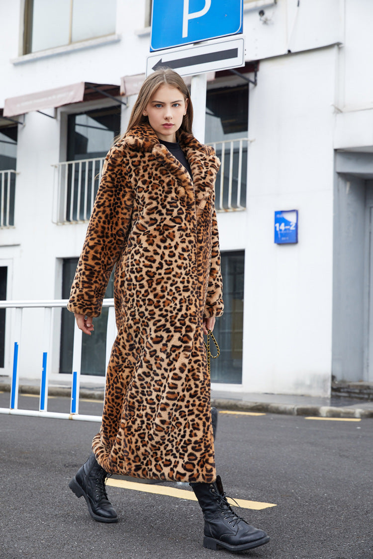 Sharon Tatem - Faux Fur - Leopard Print - Rabbit Tailored Collar - Warm Thick X-Long Coat Long Sleeve Jacket -