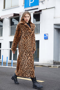 Thumbnail for Sharon Tatem - Faux Fur - Leopard Print - Rabbit Tailored Collar - Warm Thick X-Long Coat Long Sleeve Jacket -