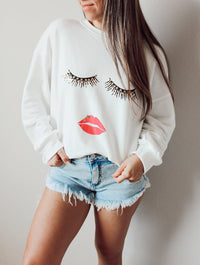 Thumbnail for Graphic Dropped Shoulder Round Neck Sweatshirt - T - 3 LIP DESIGNS -