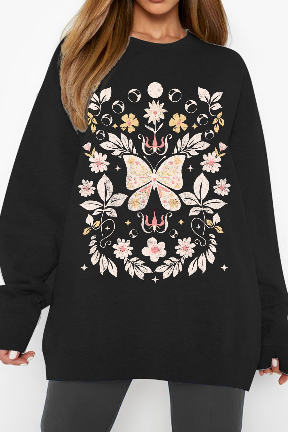 Simply Love Full Size Flower and Butterfly Graphic Sweatshirt - T - 1 COLOR -