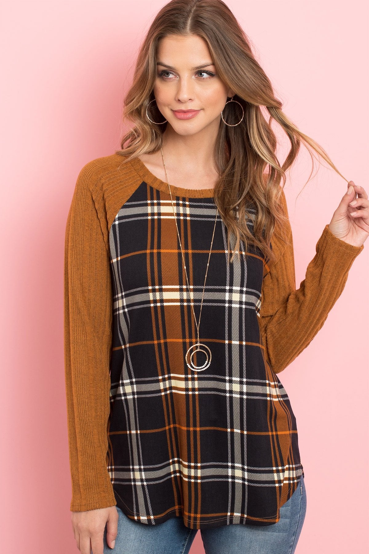 Riah Fashion - Long Sleeve Knit Detail Contrast Plaid Top - 1 COLOR -