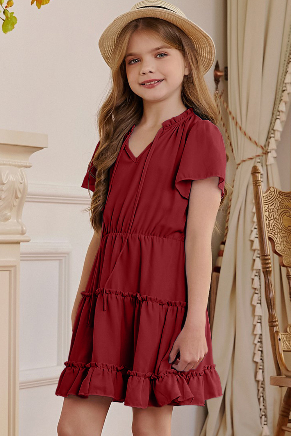 Girls Frilled Notched Neck Puff Sleeve Dress - T - 5 SIZES - 1 COLOR -