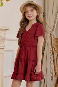 Thumbnail for Girls Frilled Notched Neck Puff Sleeve Dress - T - 5 SIZES - 1 COLOR -