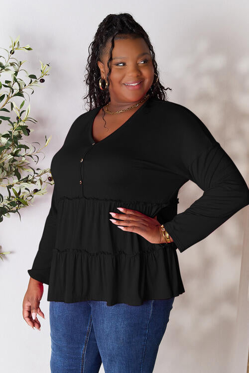 Double Take Half Button Long Sleeve Ruffle Hem Blouse - SIZES S THRU 3XL - T - 7 COLORS -