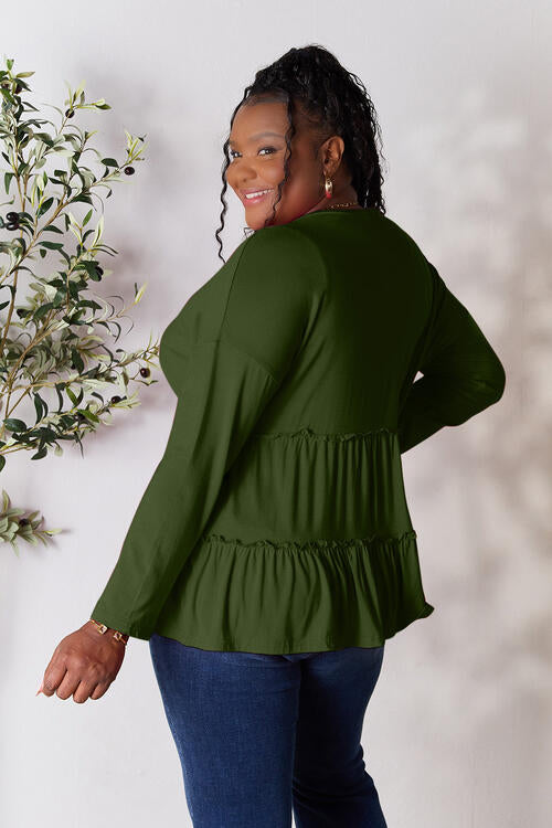 Double Take Half Button Long Sleeve Ruffle Hem Blouse - SIZES S THRU 3XL - T - 7 COLORS -