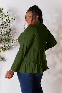 Thumbnail for Double Take Half Button Long Sleeve Ruffle Hem Blouse - SIZES S THRU 3XL - T - 7 COLORS -