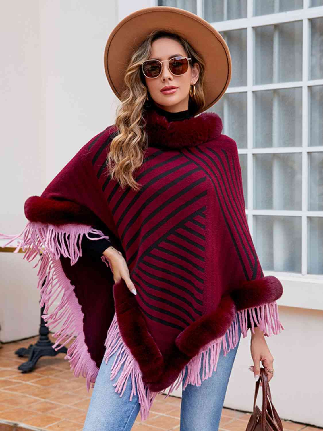 Striped Fringe Hem Poncho - T - 5 COLORS -