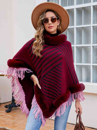 Thumbnail for Striped Fringe Hem Poncho - T - 5 COLORS -