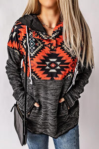 Thumbnail for Geometric Long Sleeve Drawstring Hoodie - T - 1 COLOR -