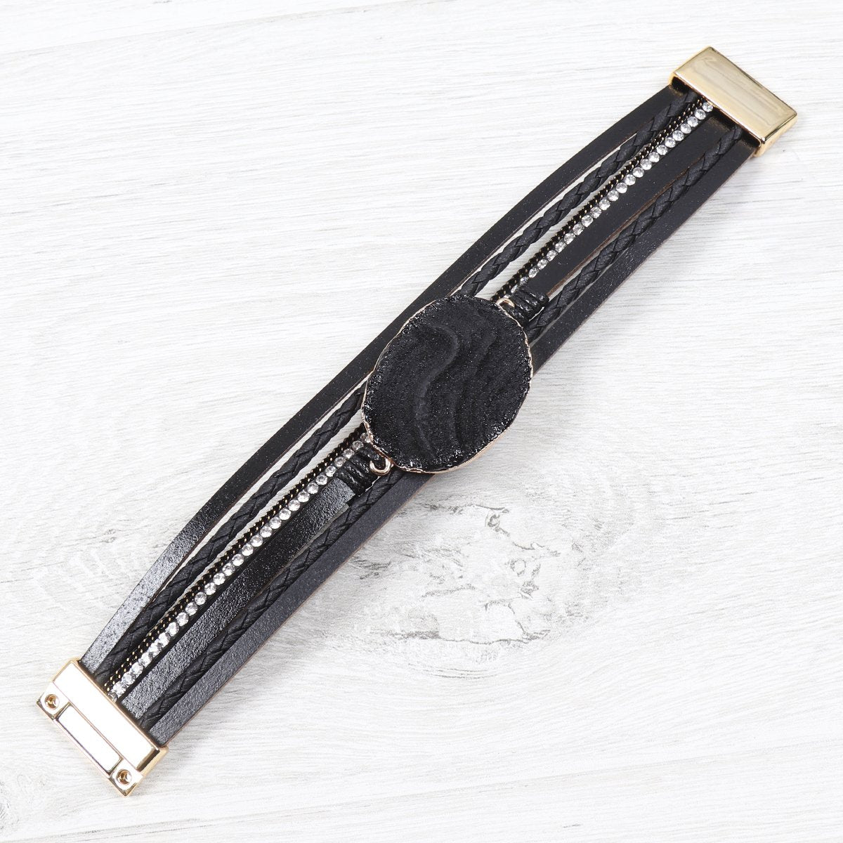 Riah Fashion - Large Semi Stone Leather Wrap Bracelet - 7 COLORS -