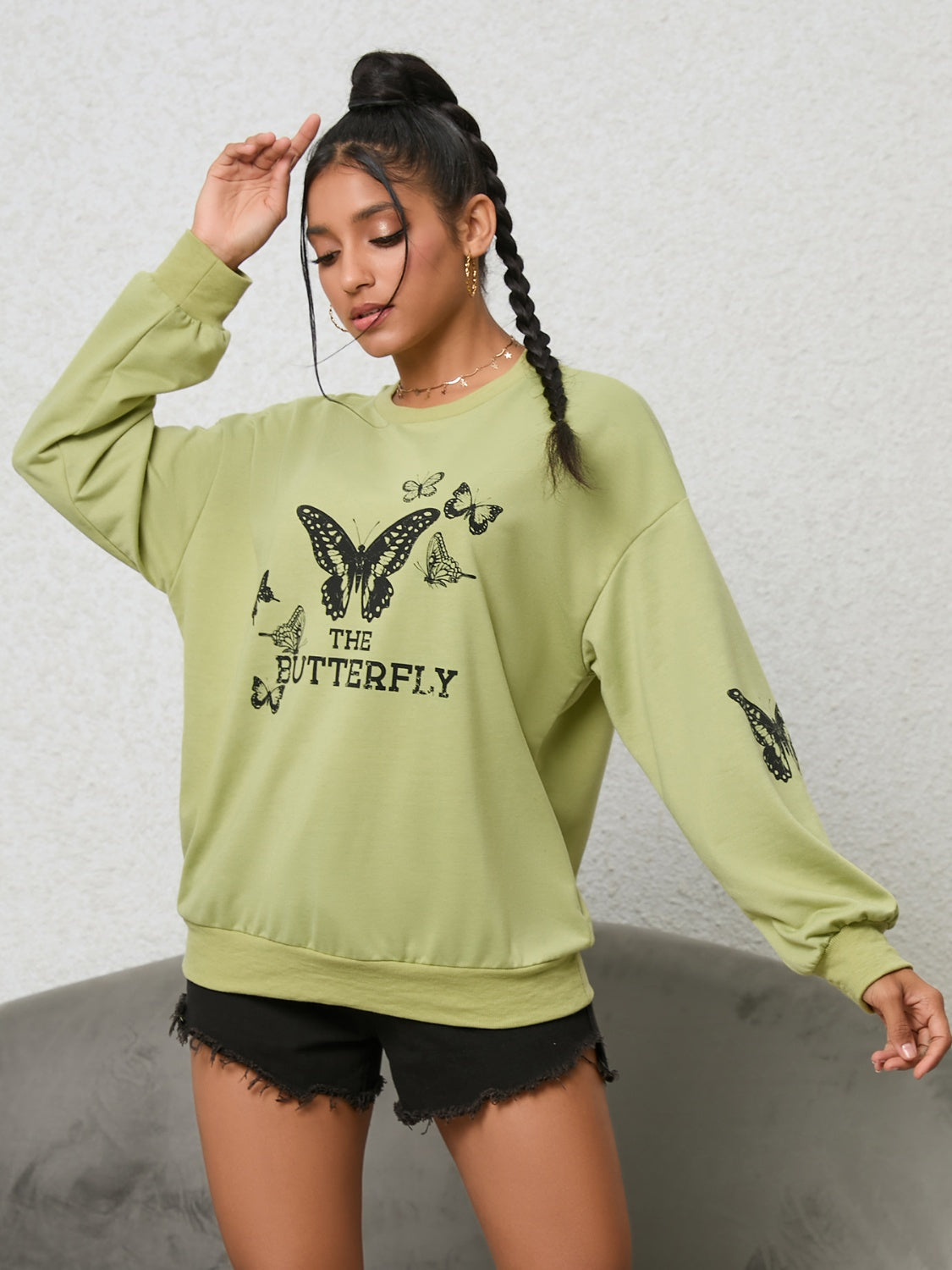 Butterfly Graphic Drop Shoulder Sweatshirt - T - 1 COLOR -