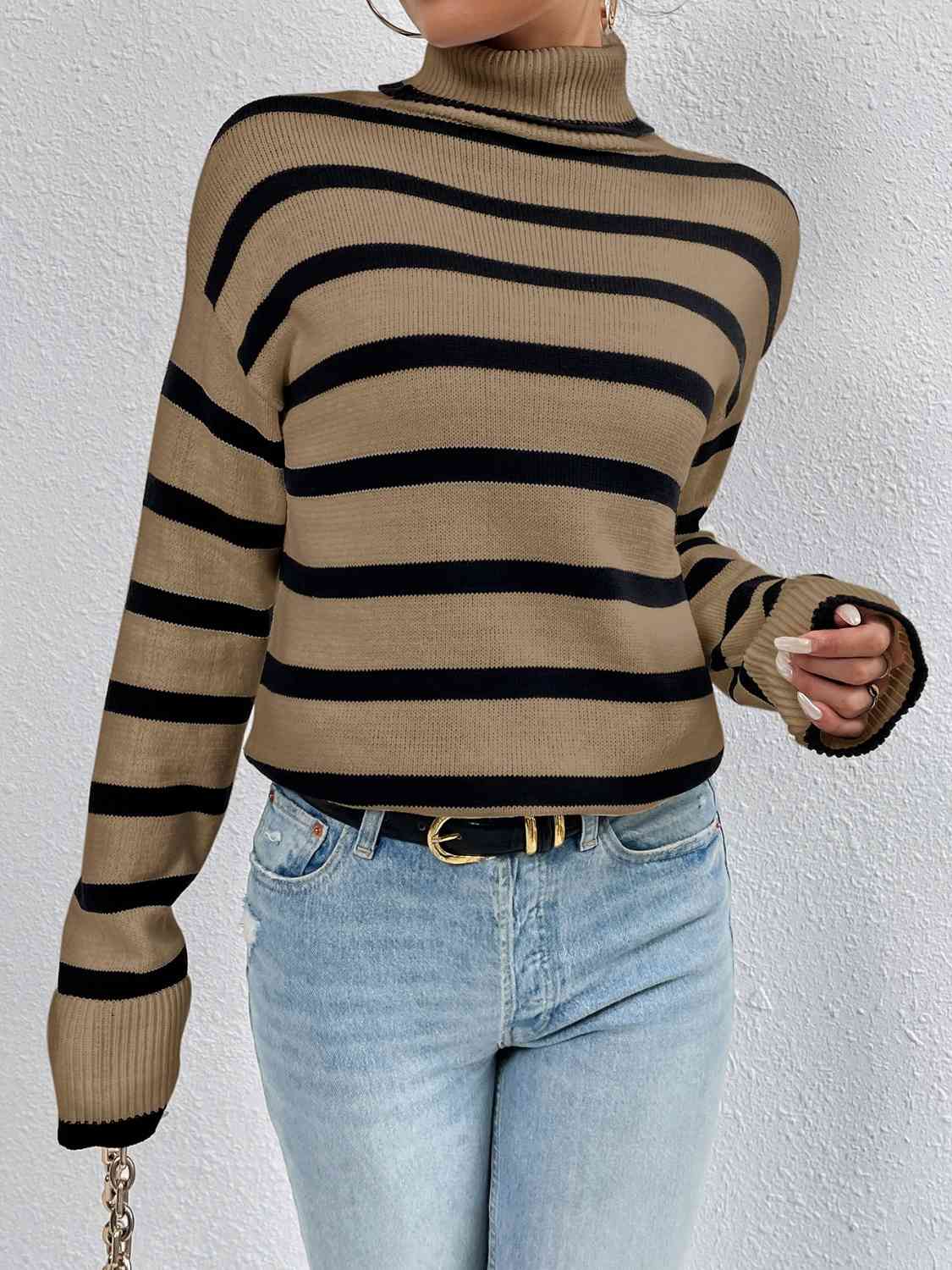 Striped Turtleneck Drop Shoulder Sweater - T - 3 COLORS -