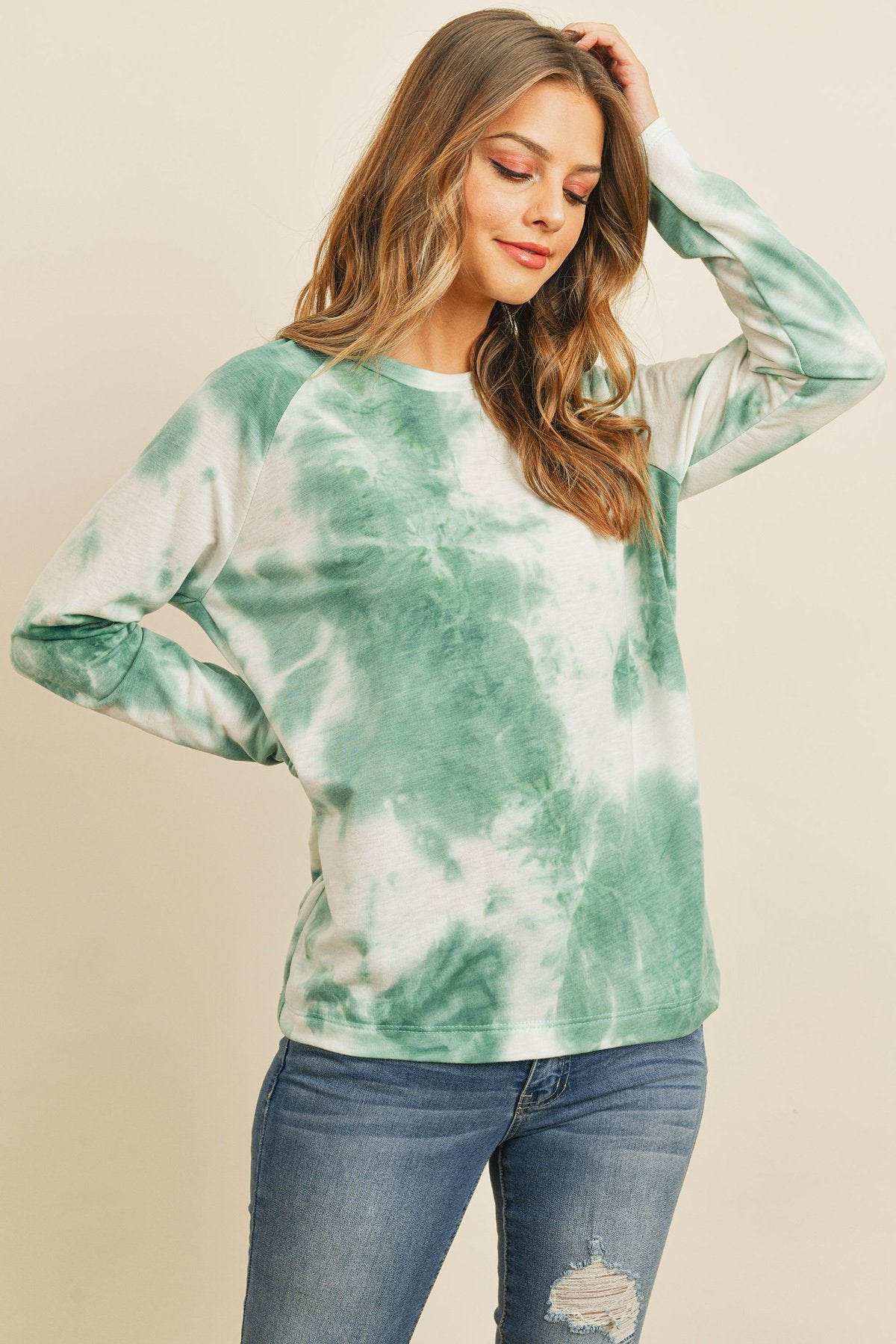 Riah Fashion - Tie Dye Round Neck Long Sleeved Top - 4 COLORS -