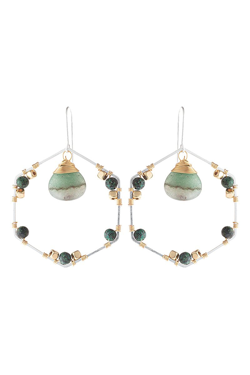 Riah Fashion - Natural Stone Beaded Hexagon Drop Earrings - 5 COLORS -