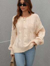 Thumbnail for Woven Right Cable-Knit Openwork Round Neck Sweater - T - 6 COLORS -