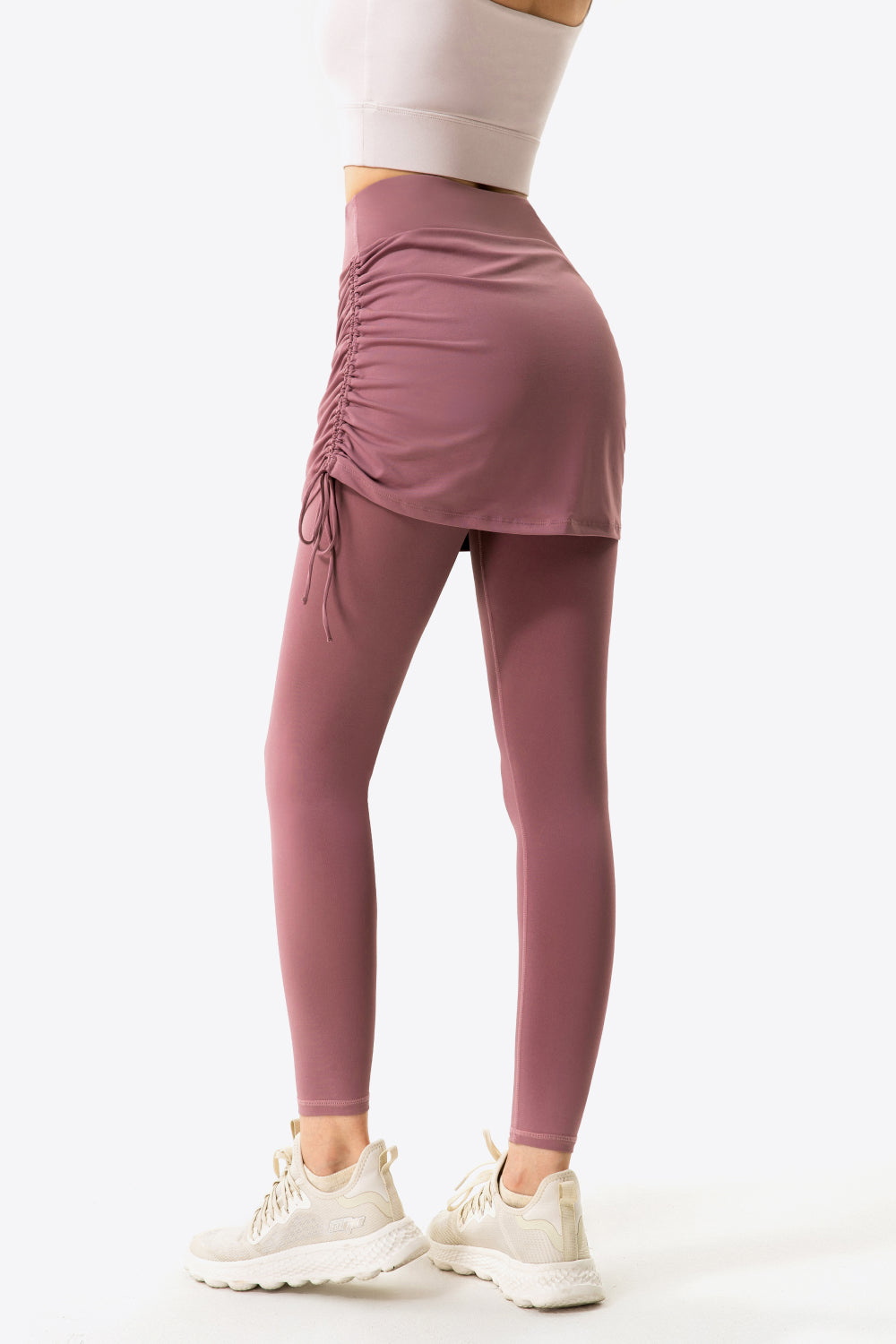 Drawstring Ruched Faux Layered Yoga Leggings - T - 7 COLORS -