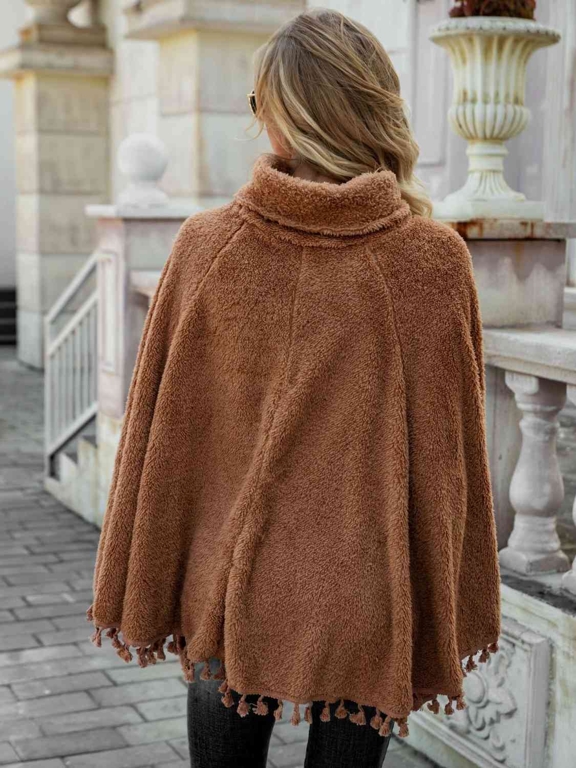 Full Size Turtleneck Tassel Hem Poncho - T - 1 COLOR -