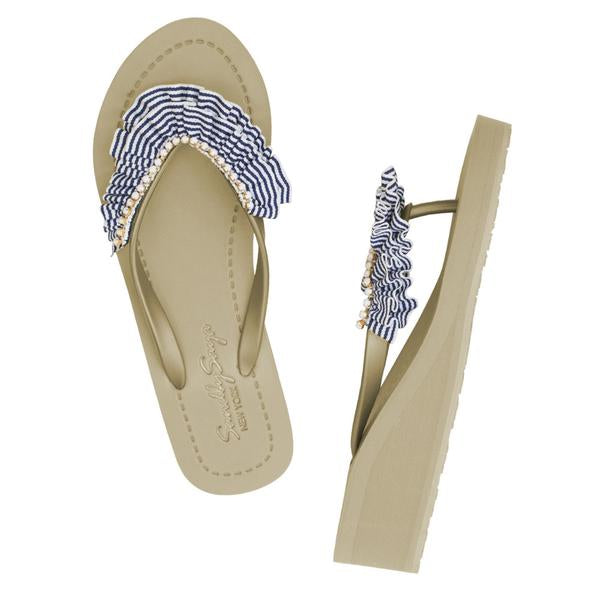 SAND BY SAYA N.Y. - Rockaway Stripe - Rhinestone & Ruffle Mid Wedge Flip Flops - 2 COLORS -