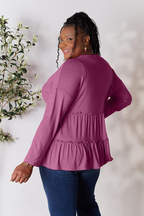 Double Take Half Button Long Sleeve Ruffle Hem Blouse - SIZES S THRU 3XL - T - 7 COLORS -