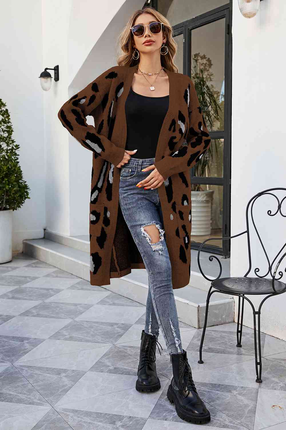 Leopard Open Front Cardigan with Pockets - T - 3 COLORS -