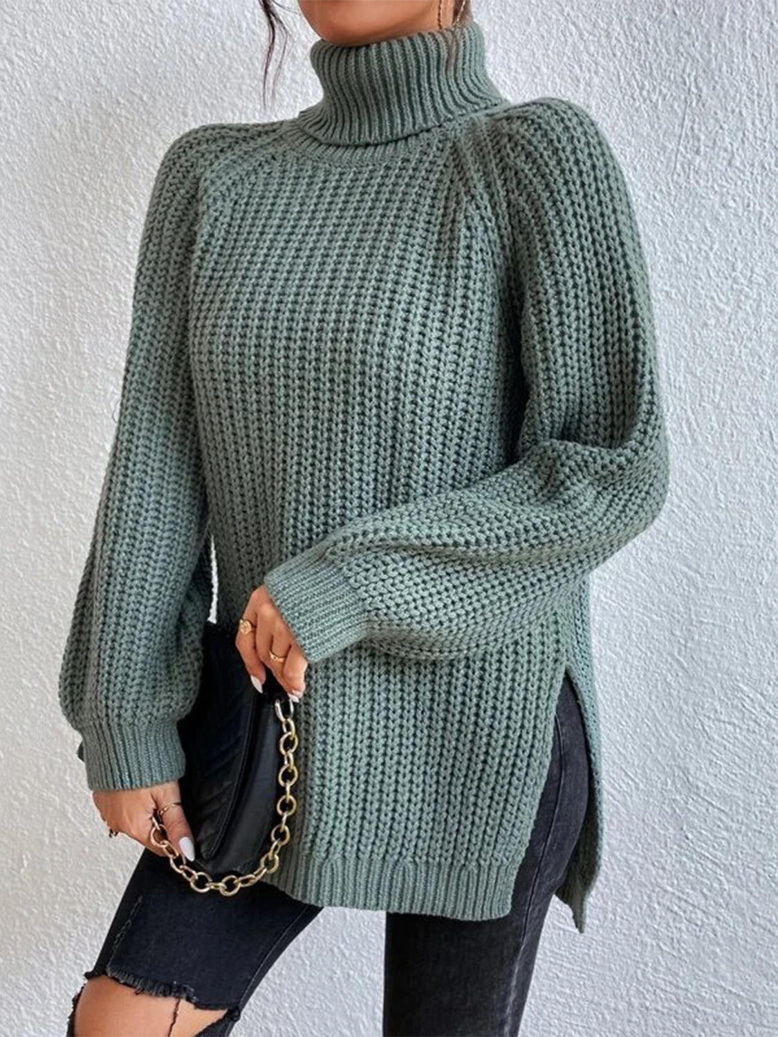 Full Size Turtleneck Rib-Knit Slit Sweater - T - 12 COLORS -