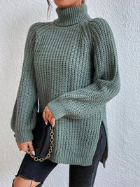 Thumbnail for Full Size Turtleneck Rib-Knit Slit Sweater - T - 12 COLORS -