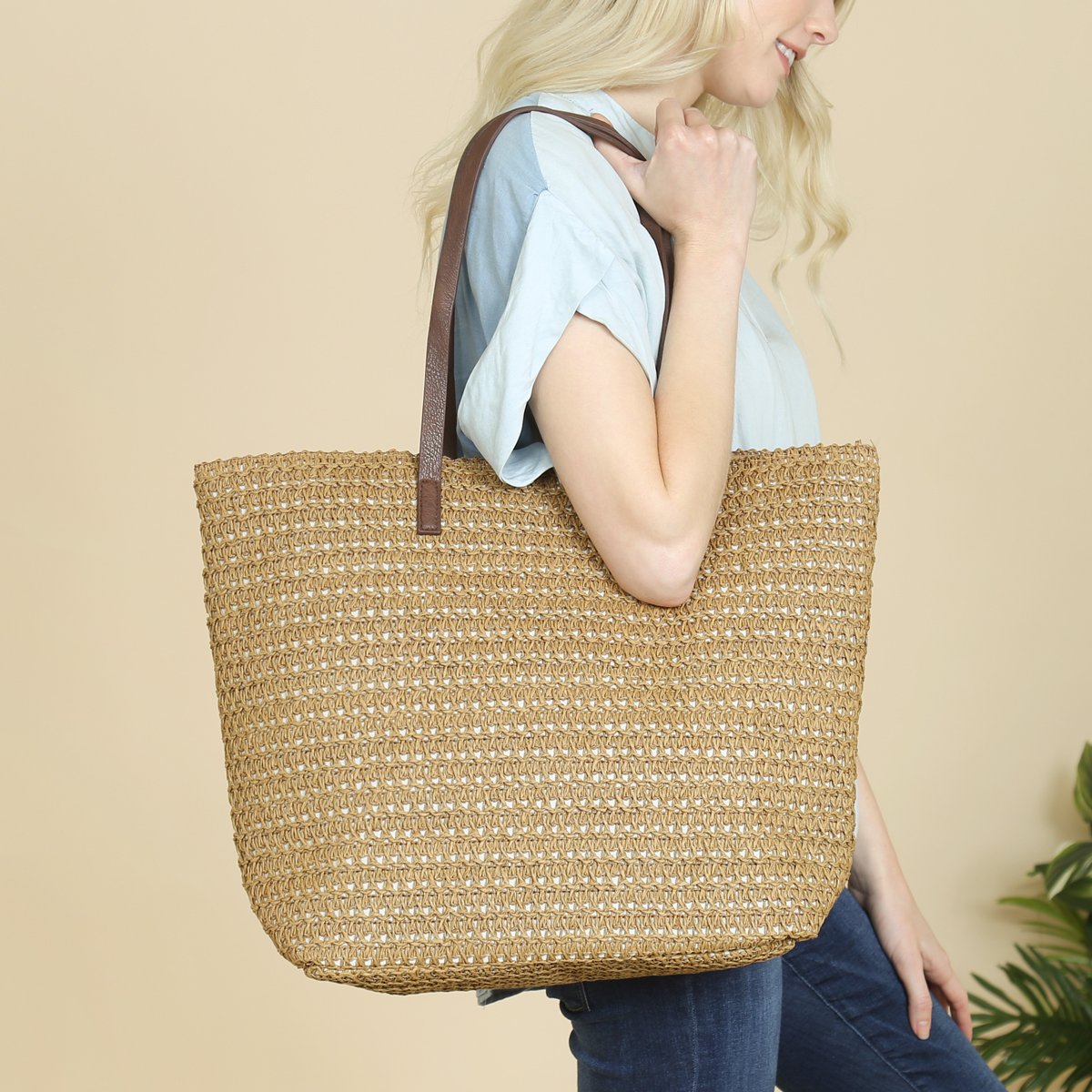 Riah Fashion - Tan Straw Tote Bag - 1 COLOR -