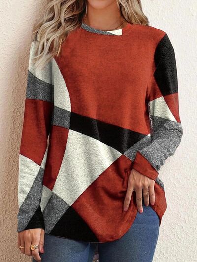 Geometric Round Neck Long Sleeve T-Shirt - T - 5 COLORS -