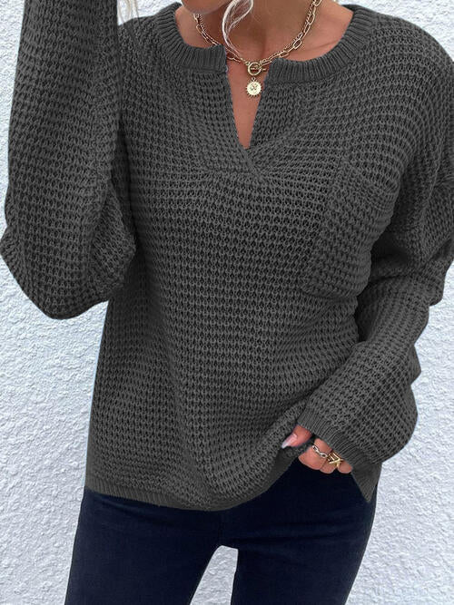 Notched Long Sleeve Sweater - T - 6 COLORS -