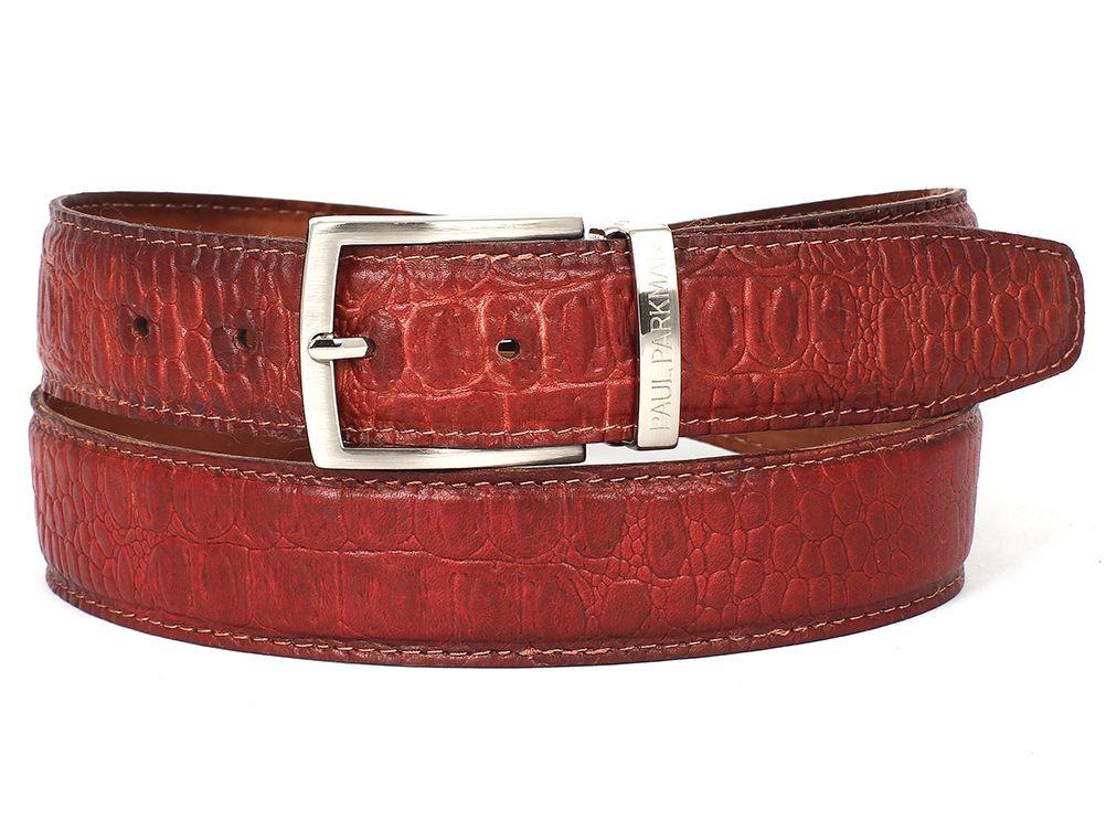 PAUL PARKMAN - Men's Croc Embossed Calfskin Belt Reddish -