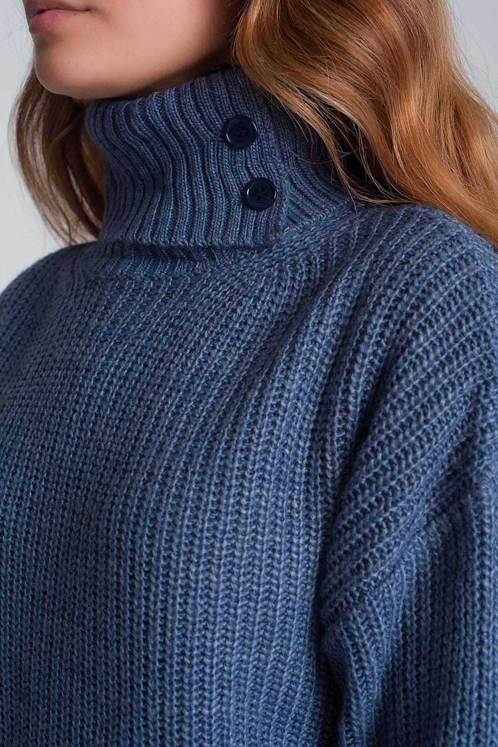 Q2 - Knitted Sweater With Buttons and High Collar in Blue - 1 COLOR -