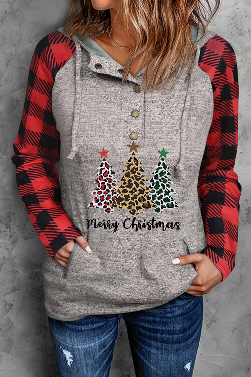 Plaid Christmas Tree Graphic Half Snap Drawstring Hoodie - T - 1 COLOR -