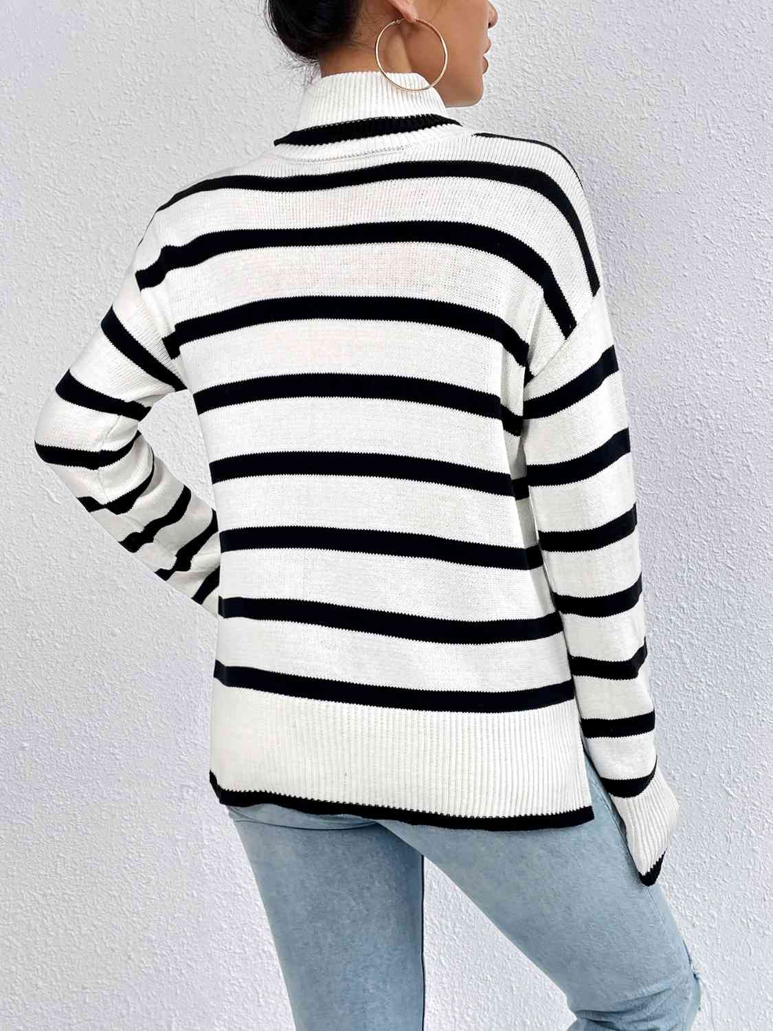 Striped Turtleneck Drop Shoulder Sweater - T - 3 COLORS -